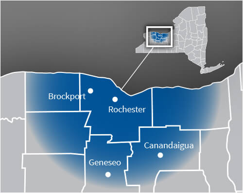 gray and blue map of Rochester NY and surrounding cities, areas that John Betlem HVAC serve