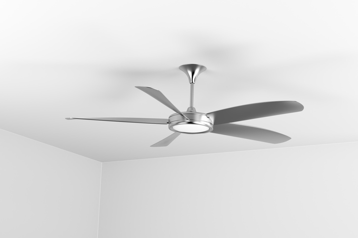 Silver electric ceiling fan with five blades