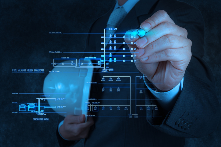 Engineer draws an electronic single line and fire alarm on electrical riser schematic diagram